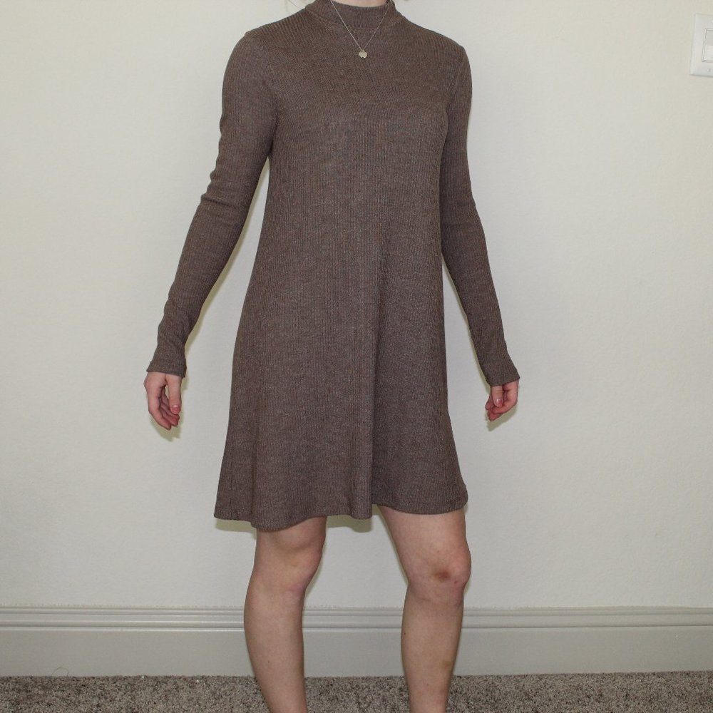 Brown Long Sleeve Mock Neck Dress